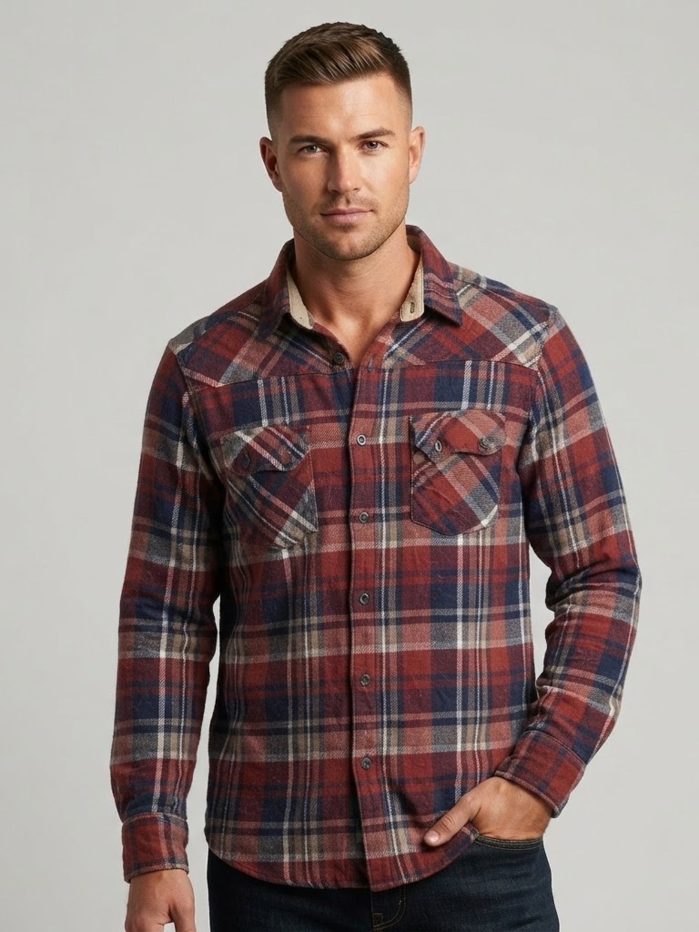 Outpost Men's Red Blue Plaid Long Sleeve Button Down Gauze Shirt Medium Buckle
